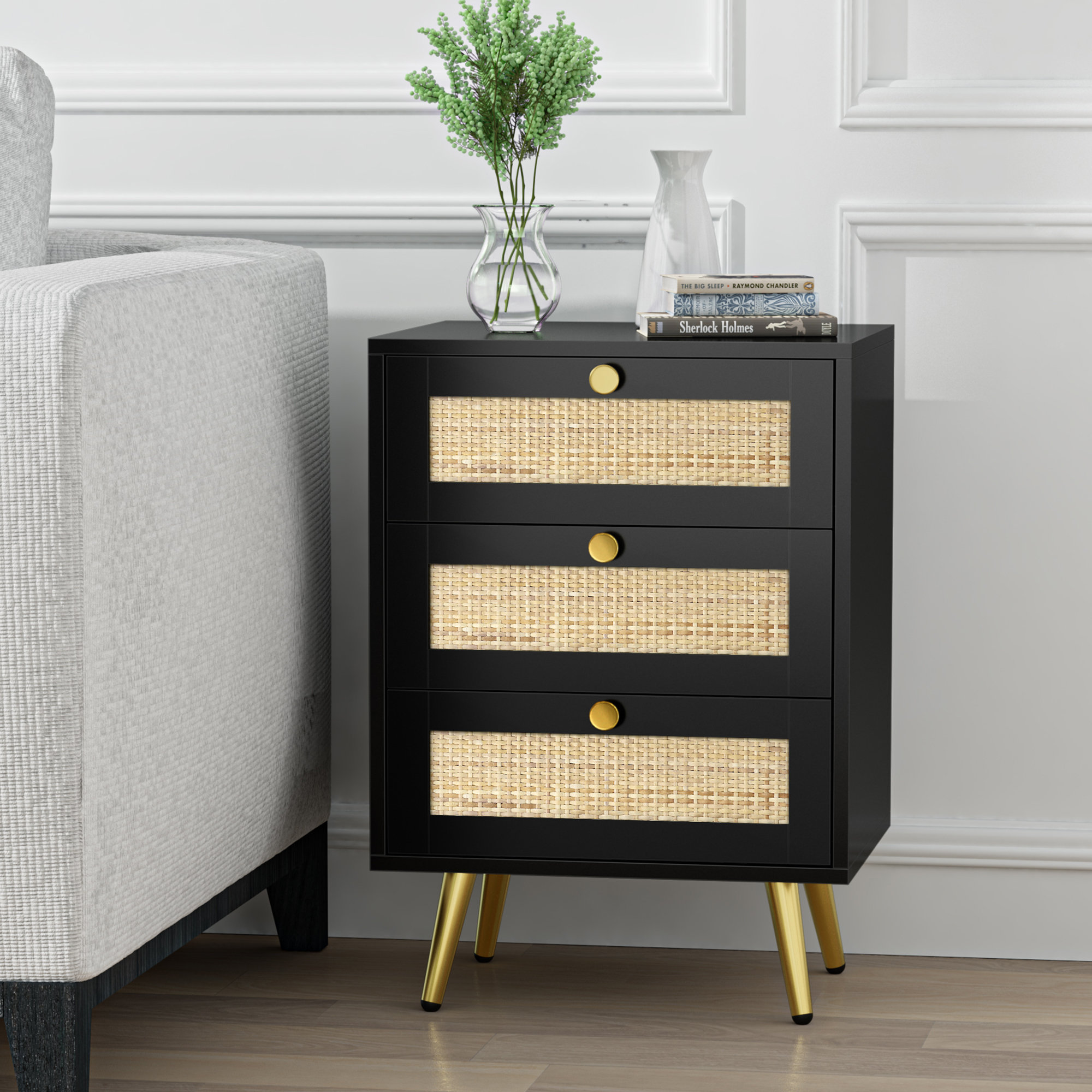 Mercer41 Kadel 26" H Black Bedside Table with 3 Drawers Wooden End